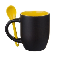 Кружка-хамелеон c ложкой, чёрная, внутри желтая, 330 мл