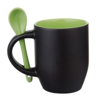 Кружка-хамелеон с ложкой, чёрная, внутри салатовая, 330 мл