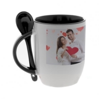 Кружка чёрная внутри с чёрной ручкой и ложкой, 330 мл